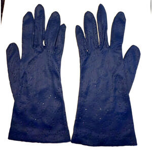 Vintage Womens Medium Blue Full Finger Peek a Boo Pattern Dress Gloves MCM